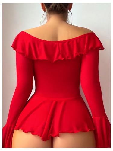 Image of OYOANGLE Women's 2 Piece Off Shoulder Long Sleeve Ruffle Mesh Sheer Nightgowns with Thongs Babydoll Lingerie Set