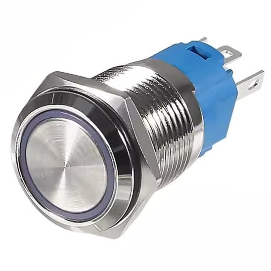 Metal Blue LED Push Button Switch, 12V/24V, SPDT ON/OFF, Waterproof IP65, (16mm Diameter, Blue, 1)
