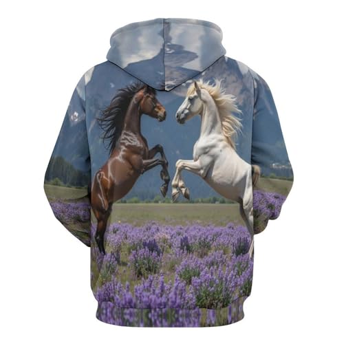 Pull à capuche chevaux imprimé montagne coupe ample et manches longues