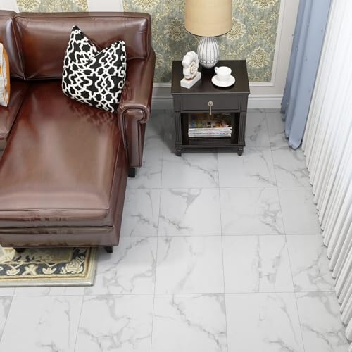 Livelynine 32-Pack Vinyl Flooring Peel and Stick White Laminate Flooring Bathroom Floor Tile Marble Gray Floor Vinyl Sticker Tiles Stick on Flooring for Kitchen Bedroom Basement Linoleum 11X11 Inch