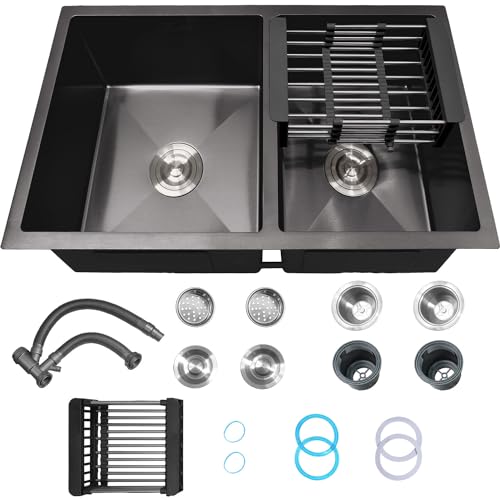 GUTSTARK Tarja Fregadero de Cocina Acero Inoxidable Anti-Ruido Industrial Tuberia Incluida Tina Doble 32X40X21 y 38.5X40X21 cm Fregaderos Tarjas Contracanasta para Residuos y Escurridor Expandible