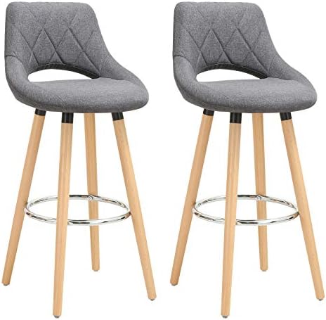 WOLTU Breakfast Kitchen Counter Bar Stools Set of 2 pcs Linen Seat Bar Chairs Wood Legs Barstools Dark Grey High Stools