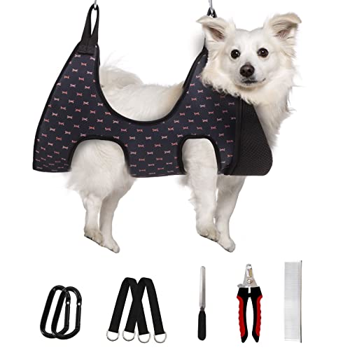 Image of Supet Dog Grooming Hammock Harness for Dogs Cats, Relaxation Pet Nail Clipper Hammock, Restraint Dog & Medium Animal Leashes Sling for Groomingk for Nail Trimming (Black Currant, M)