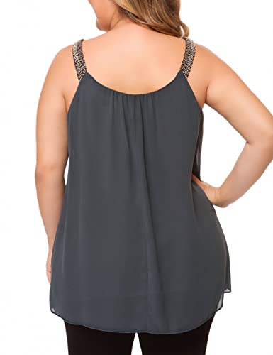 Maner Plus Size Tank Tops For Women Casual Pleated Chiffon Cami With Beaded Strap Blouses (Gray, Xxl/Us 18-20) #TOP1