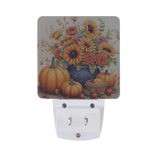 Image of Pumpkins Sunflowers Thanksgiving Night Lights 2 Pack Plug-in Wall Led Nightlight Auto Dusk-to-Dawn Sensor Lamps for Bedroom Kitchen Bathroom