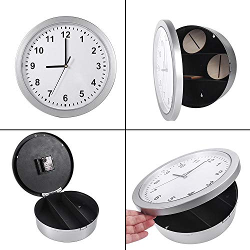 Annadue Silver Wall Clock Safe for Money Stash Jewelry Valuables Cash Storage, Hidden Secret Container Box, with 3 Shelves, for Home or Office Decor.