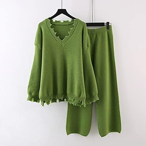 Knitted Sweater Two-Piece Suit - Casual Knitted Long Sleeve Long Trousers Suit,Solid Color Tear Knitted Wide-Leg Pants Sweater Suit Women'S Autumn Winter,Thick Soft Outer Wear Tracksuits Streetwear Cover