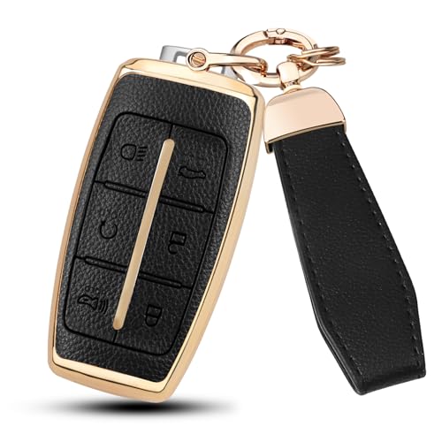 QBUC for Genesis Key Fob Cover with Keychain Leather Texture Key Protection Case Fit for Genesis G70 G80 G90 GV70 GV80 GV90 6 Buttons Smart Key (Black 6-Button)