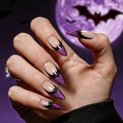 Long Halloween Dark Purple Press on Nails Stiletto Nude Cat Eye Fake Nails with Designs Bat, FlexFly Glitters Black French Tip Glossy Full Cover Natural Reusable Stick on Nails for Women Gift 24PCS