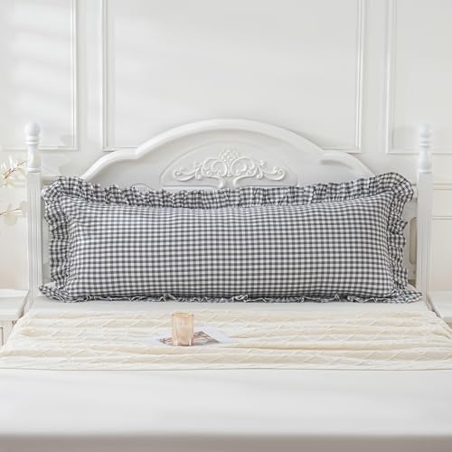 Grey/White Plaid Ruffled Checkered Body Pillow Sham 20x54 inches 1 Piece, Washed Cotton Vintage Farmhouse Bed Body Pillow Cover for Bed/Sofa