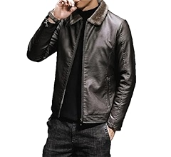 Fur Collar PU Leather Jacket Solid Men's Streetwear Fleece