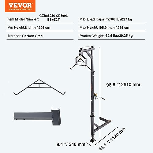 VEVOR Truck Hitch Game Hunting Hoist, 500 lbs Load Capacity, Truck Hitch Deer Hoist with Winch Lift Gambrel Set, 2-inch Hitch Receiver, Foot Base, Adjustable Height & 360 Degrees Swivel, Carbon Steel