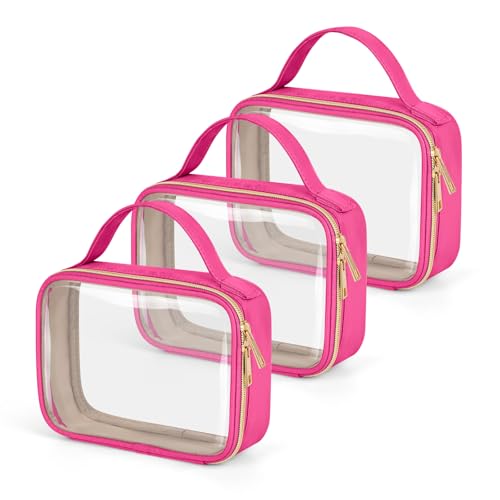 Image of Wedama TSA Approved Toiletry Bag, 3 Pack Clear Makeup Bags with Handles, Quart Size PVC Clear Cosmetic Bags for Women and Men, Carry on Airport Airline Compliant Bag, Rose Red