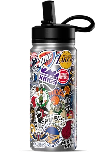 Hydrapeak NBA Officially Licensed All-Team Sticker Print Logo 20oz Kids Water Bottle Straw Lid & Handle Insulated Sports Bottle for Sports Camp School & Everyday Adventures