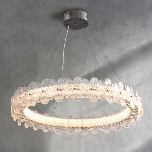 Grand lustre de luxe rond en verre transparent et suspension LED télécommandée