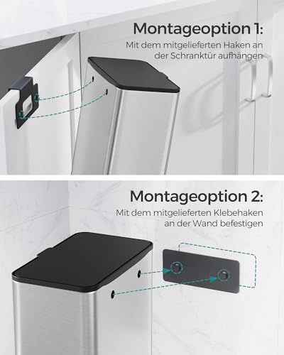 SONGMICS Mülleimer hängend, 8 L Komposteimer Küche, Stahl-Abfalleimer mit Deckel für Biomüll, mit Haken, an der Schranktür oder Wand, für Unterschrank Badezimmer, metallisches Silber LTB810E08