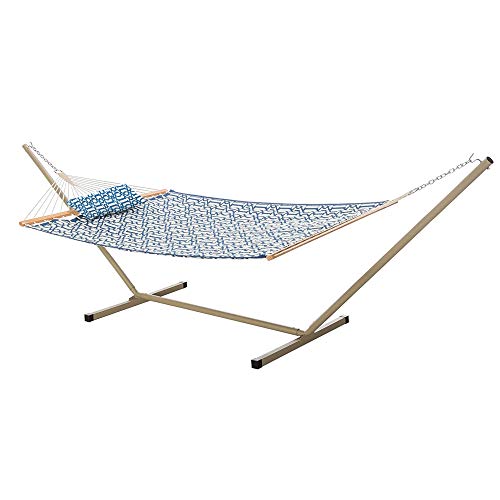 Castaway Living 2 Person Quilted Hammock with Patented KD Space Saving Stand & Detachable Pillow, Designed in The USA, Compact Heavy Duty Construction, Perfect for Any Backyard Space - Navy
