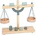 Small Foot 11861 Market waga belkowa z drewna, z czterema kolorowymi ciężarami, akcesoria do sklepów handlowych, dla dzieci od 3 lat