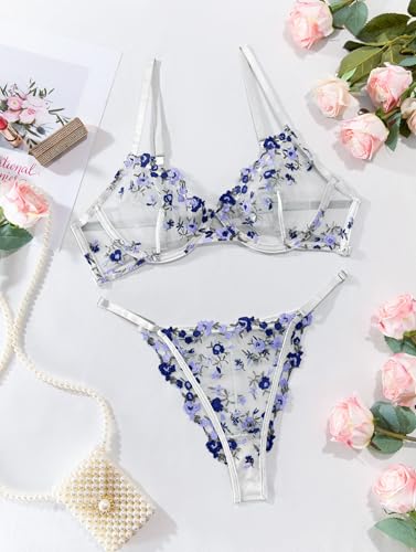Image of Lilosy Sexy Floral Embroidered Mesh Sheer Underwire Lingerie Set