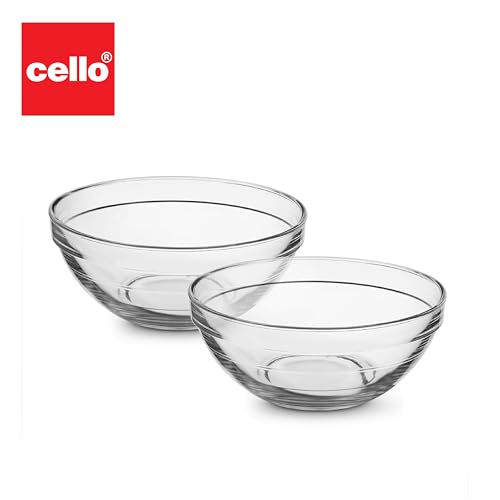 Image of CELLO Zenith Set of 2 Pcs Round Serving Glass Bowl for Kitchen 500 ml, Transparent | Microwave Oven & Dishwasher Safe, Freezer & Fridge Safe, Leadfree Toughened Crystal Glass Bowl for Serving Mixing