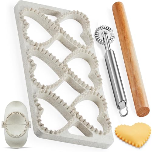 Ravioli Maker Press, Ravioli Press Mold Set - Heart Ravioli Stamp Maker Cutter with Wood Rolling Pin, 2.6