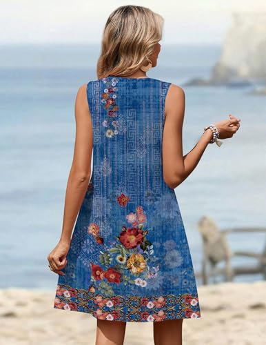Image of Zeagoo Summer Dresses for Women 2026 Sleeveless Dress V Neck Tank Dress Pleated Floral Tshirt Sundresses with Pockets