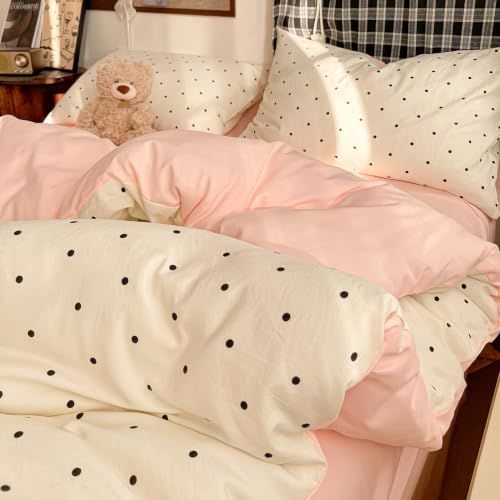 Image of Nayoroom Pink Polka Dot Duvet Cover Set Full Black White Dots Bedding