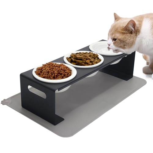 Futterstation Erhöht 3er Set, katzennapf erhöht, 3er Set Futternapf Katze aus Keramik mit Metall Ständer, 3er Katzen Napfset für Katzen Hunde Welpe Futter und Wasser