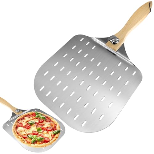 Wanheart Pizza Peel 12 Inch, Perforated Aluminum Metal Pizza Paddle with Wooden Handle, Long Handle Turning Spatula for Pizza Oven, Bread Baking Accessories