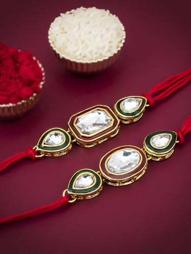 Image of Sukkhi Rakhi for Brother Stylish Kundan Combo & Designer Gold Plated with Roli Chawal & Greeting Card Set of 2