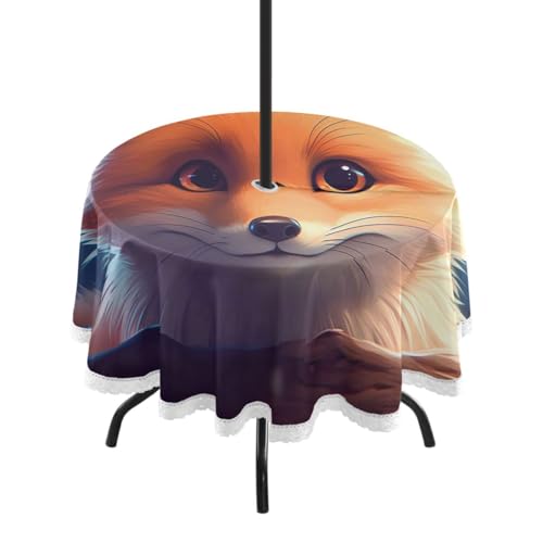 Wajiw 60 Inch Indoor Outdoor Round Tablecloth with Umbrella Hole and Zipper Waterproof Patio Table Cover for Camping Dining Room Party Outdoor Picnic,Fox