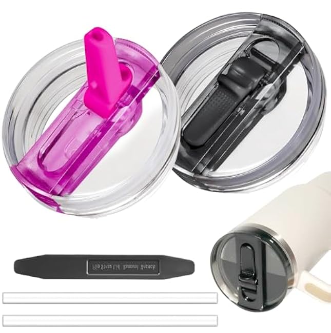 2 Pack 40 oz Tumbler Flip Straw Lid for Stanley Quencher ProTour Leak Proof Lid Replacement for Stanley H2.0 Quencher, Spill Proof Reusable Lid for Stanley Cup Accessories (Purple & Black, 40 oz)