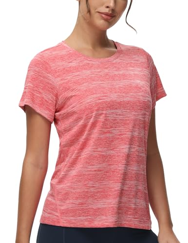 MIER Running Shirts for Women Athletic Workout Tee Top Crewneck Short Sleeve Activewear T-Shirt Dry Fit, Heather Pink S