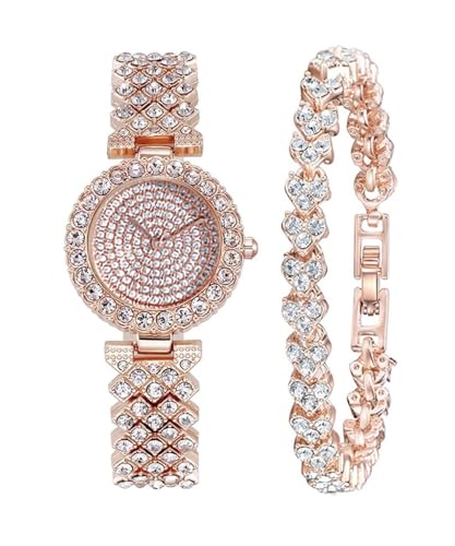 422 Store Luxury Women's Crystal Quartz Watch Set, Silver Roman Numeral Dial, Rhinestone Bracelet Watch with Matching Tennis Bracelet, Fashion Dress Wristwatch (Rose Gold 1)