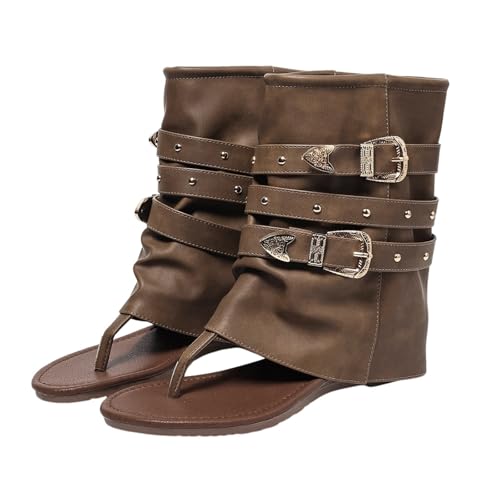 ENEN Botas de Verano Mujer Planas con Tacon, Botas Cowboy Verano Mujer Caladas Sandalias de Dedo Piel Elegante Botines Mujer Tacon Bajo Sandalias Gladiador para Fiesta (Marrón oscuro,41)
