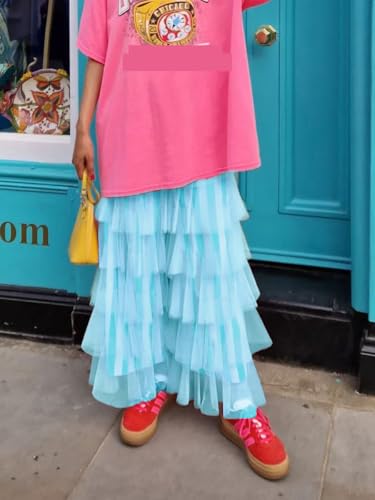 Women Tiered Ruffled Tulle Pants Casual Mesh Ruffles Stripe Print Elastic Trousers for Daily Streetwear3