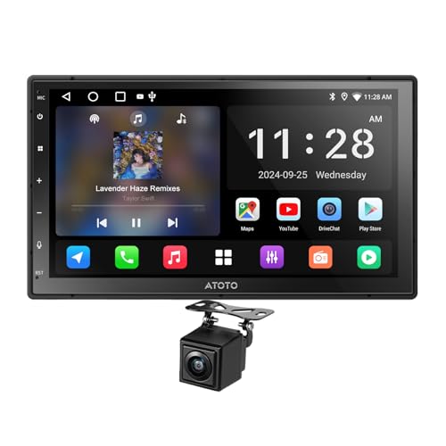 ATOTOZONE Android Double DIN Car Stereo, Wireless CarPlay & Android Auto, Wi-Fi/Bluetooth/USB Tethering, 7 Inch Touchscreen AI Car Radio, 24B-EQ&DSP, 4 * 45W AMP, GPS Navigation, Backup Camera