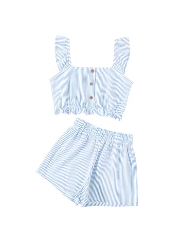 Image of Girl's Summer Clothing Sets Knit Ruffle Striped T-Shirt and Shorts 2 Piece Outfits