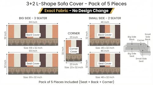 Image of Luxury Sofa Cover L Shape 5 Seater with Matching Cushion Cover 16x16 inch - Brown Strip Stripe 3+2 Seater (5 Seater) Quilted Sofa Cover Set Pack of 10, Washable, Brown Strip Ivory