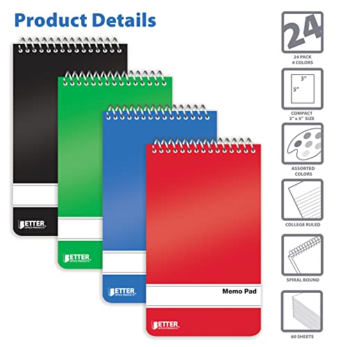 Better-Office-Products-Spiral-Memo-Pads-24-Pack-3-x-5-inches-60-Sheets-College-Rule-Assorted-Solid-Colors-24-Pack Better-Office-Products-Spiral-Memo-Pads-24-Pack-3-x-5-inches-60-Sheets-College-Rule-Assorted-Solid-Colors-24-Pack