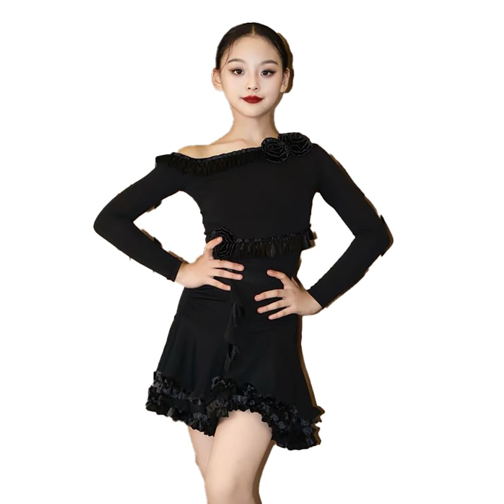 Robe de danse latine manches longues pour filles avec jupe fluide dynamique