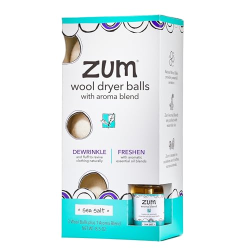 Image of Zum Indigo Wild Laundry Dryer Balls Kit - Wool Laundry Balls for The Dryer - Essential Oil Spray - Reusable Drying Balls for Laundry - Sea Salt - (3 Dryer Balls, 1 Aroma Blend)
