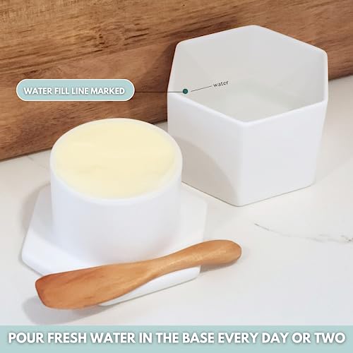 French Butter Crock W/Lid & Wood Spreading Knife - White Bell Shape Butter Keeper For Counter - Modern Hexagon Shape Butter Dish - Stoneware Butter Crock - Dishwasher Safe Bell Style Butter Storage #TOP6