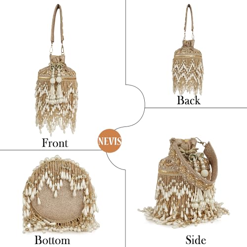 Image of Nevis Silk Fabric Designe Fringe Potli Bag with Pearl Tassels & Beaded Handle | Luxury Ethnic Drawstring Clutch for Wedding