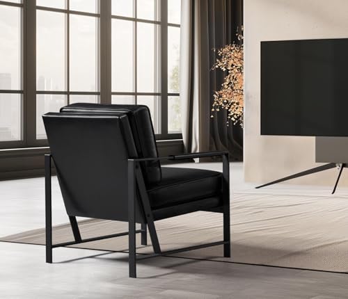 Image of Yaheetech Mid-Century Accent Chair, Modern Armchair, Black | Oversized Faux Leather Chair with Soft Cushion, Ergonomic 105 Back, Reading Chair for Living Room, Bedroom and Waiting Room