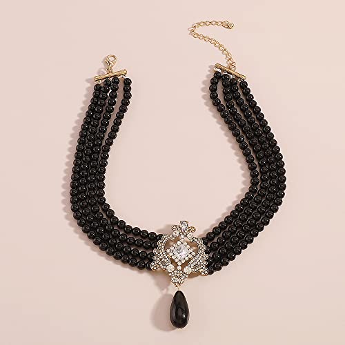 Fxmimior Women Bridal Vintage 1920S Layered Tassels Black Pearl Shiny Choker Necklace Fashion Punk Halloween Simple Necklaces For Women And Girls (Black) #TOP2