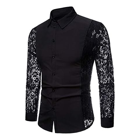 INVACHI Men's Sexy Fishnet Button Down Shirts See Through Lace Sheer Shirts Black Small Cover