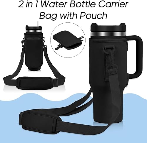Image of MTROYALDIA Water Bottle Carrier Bag with Pouch Compatible with 40oz Tumbler with Handle, Water Bottle Pouch for Quencher H2.0 Flow State, 40 oz Tumbler (Black)