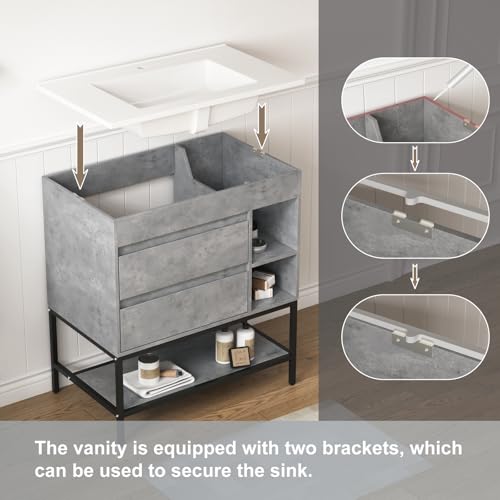 DELUXE LIVING 30 Inch Bathroom Vanity with Sink, Single Sink Bathroom Vanity with SMC Sink, Bathroom Sink Cabinet with 2 Drawers & 3 Open Shelves, Bathroom Sink Vanity, Adjustable Feets, Grey