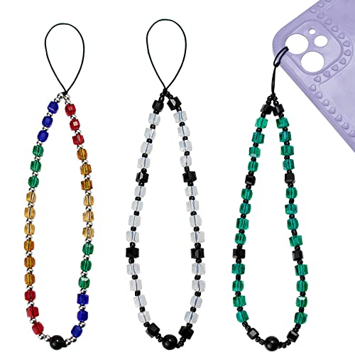 Phone Charm, 3PCS Crystal Beaded Phone Chain, Lanyard Wrist Strap Cell Phone Charms String Handmade Crystal Rock Beads Phone Chain String for Girl Wome